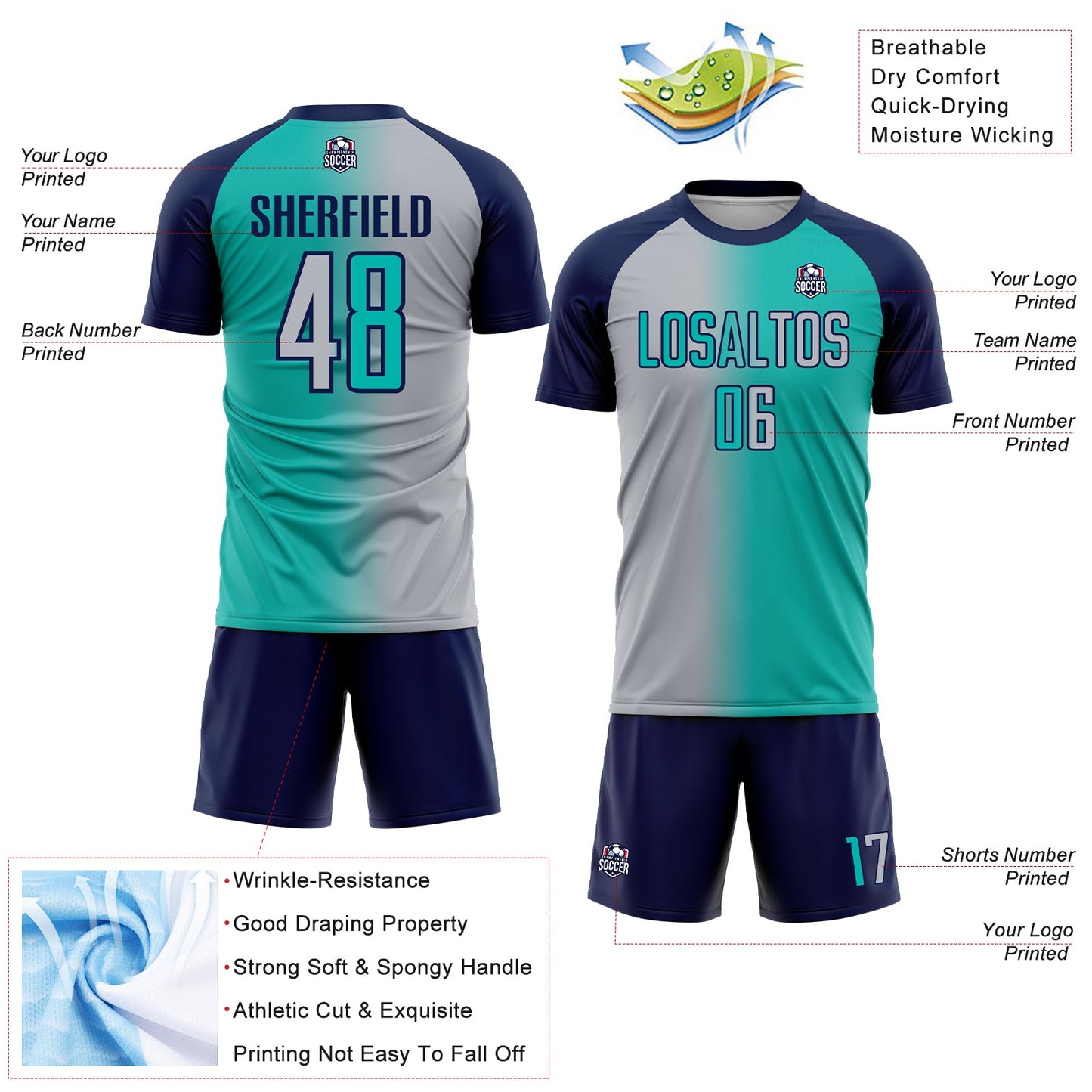 Custom Aqua Gray-Navy Sublimation Gradient Fashion Soccer Uniform Jersey view 4