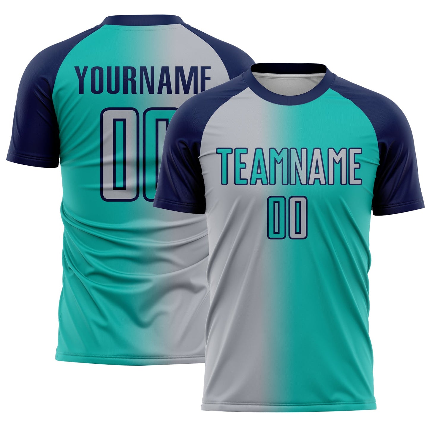 Custom Aqua Gray-Navy Sublimation Gradient Fashion Soccer Uniform Jersey - Main View