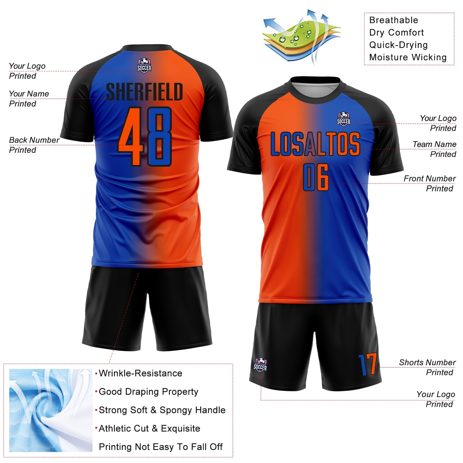 Custom Thunder Blue Orange-Black Sublimation Gradient Fashion Soccer Uniform Jersey view 4