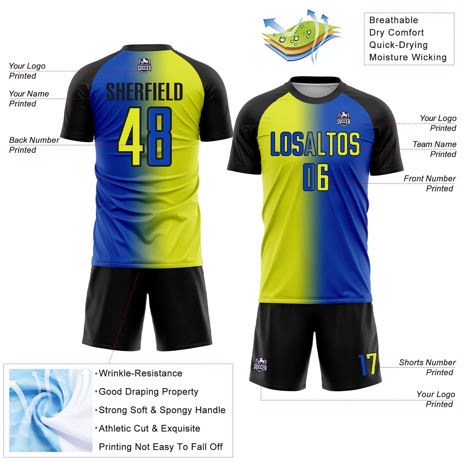Custom Thunder Blue Neon Yellow-Black Sublimation Gradient Fashion Soccer Uniform Jersey view 4