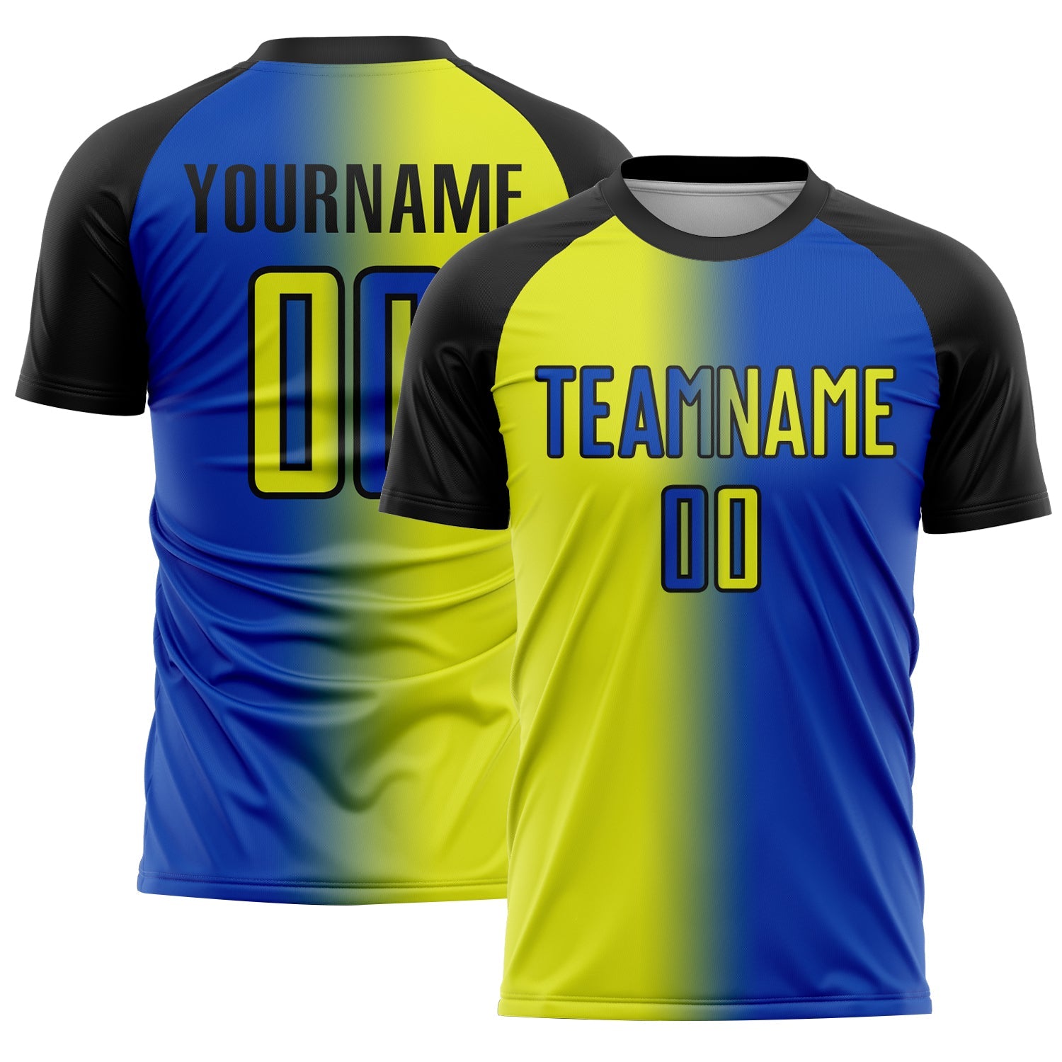 Custom Thunder Blue Neon Yellow-Black Sublimation Gradient Fashion Soccer Uniform Jersey - Main View