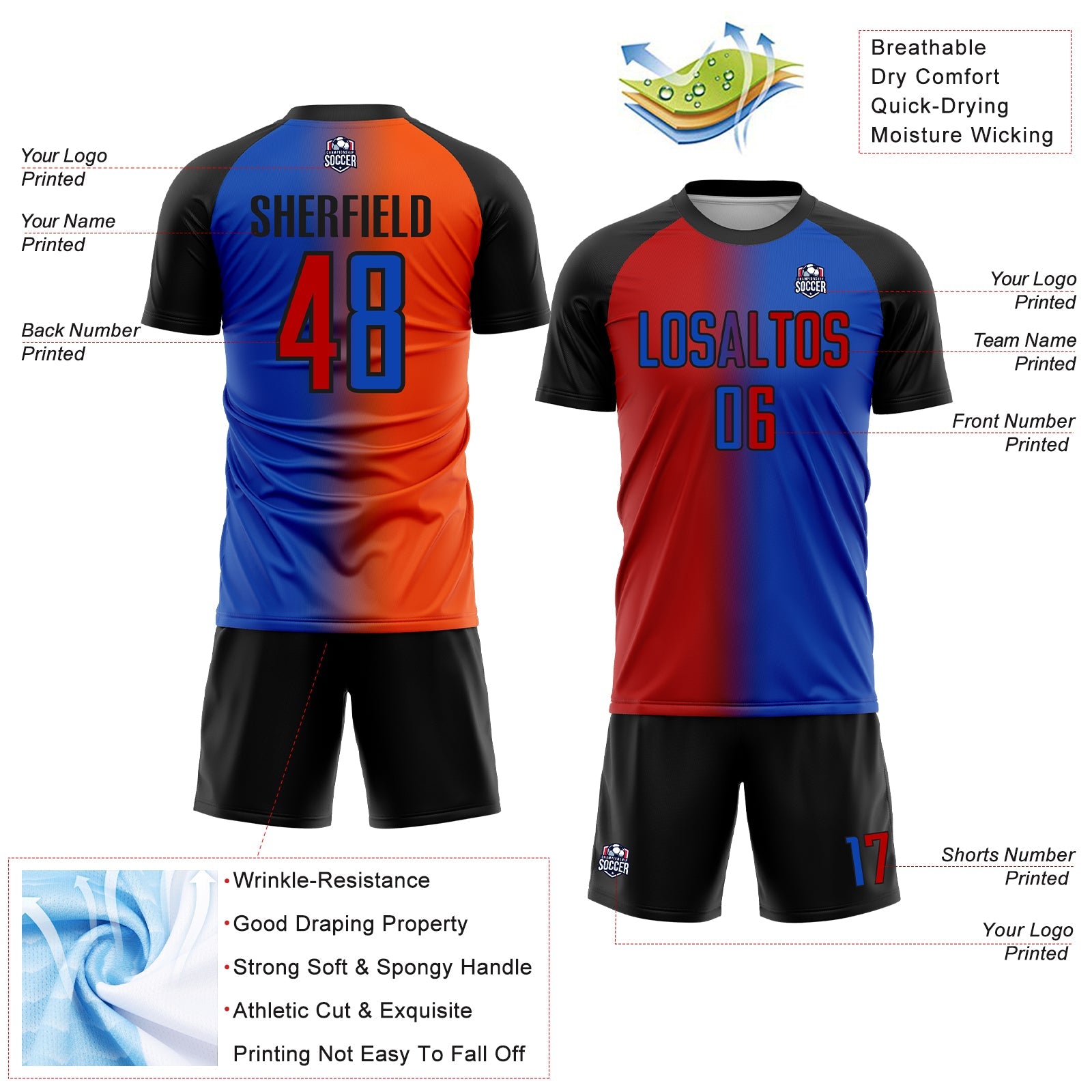 Custom Thunder Blue Red-Black Sublimation Gradient Fashion Soccer Uniform Jersey view 4
