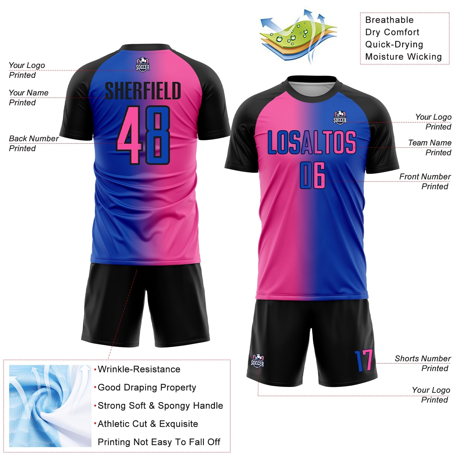 Custom Thunder Blue Pink-Black Sublimation Gradient Fashion Soccer Uniform Jersey view 4