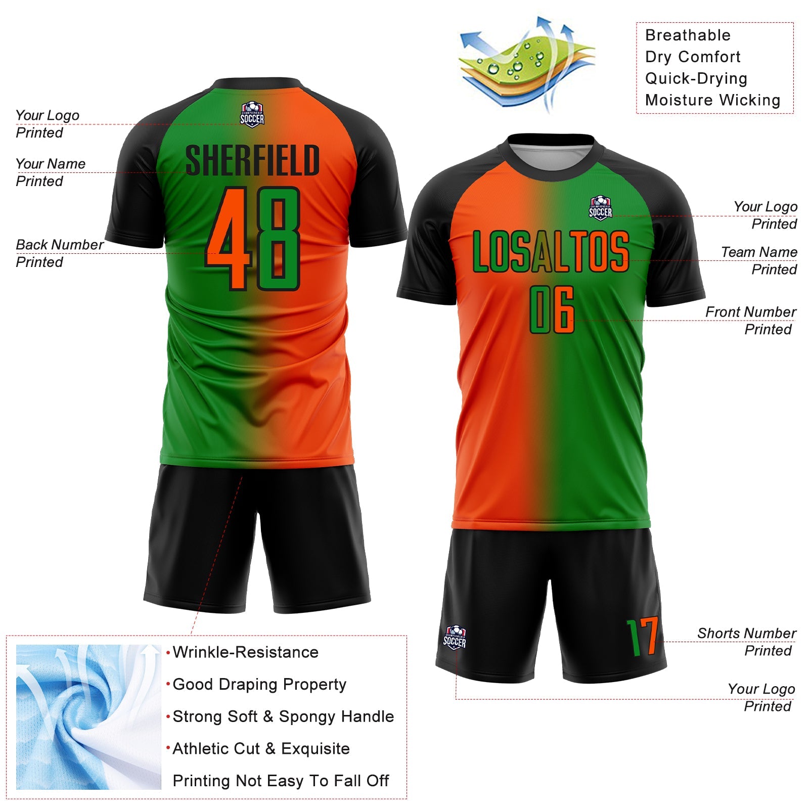 Custom Grass Green Orange-Black Sublimation Gradient Fashion Soccer Uniform Jersey view 4