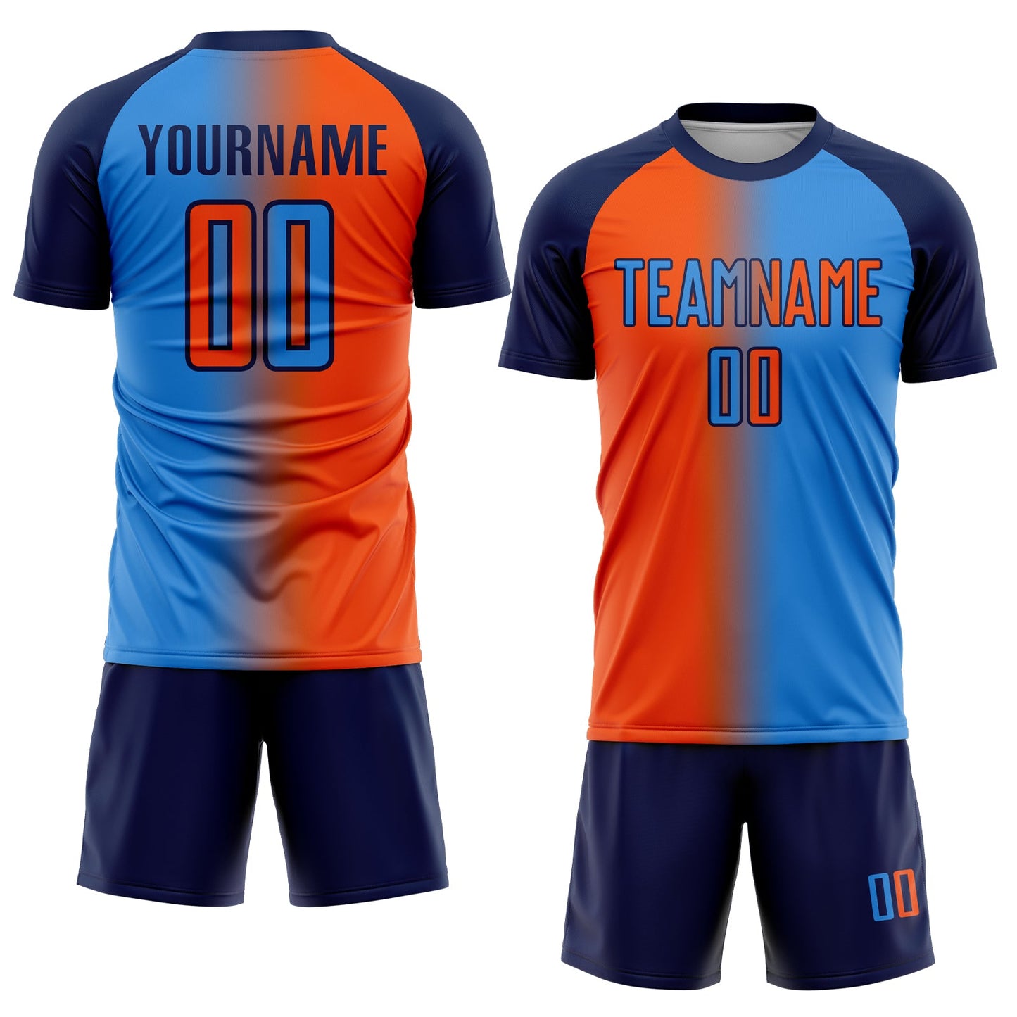 Custom Powder Blue Orange-Navy Sublimation Gradient Fashion Soccer Uniform Jersey view 2