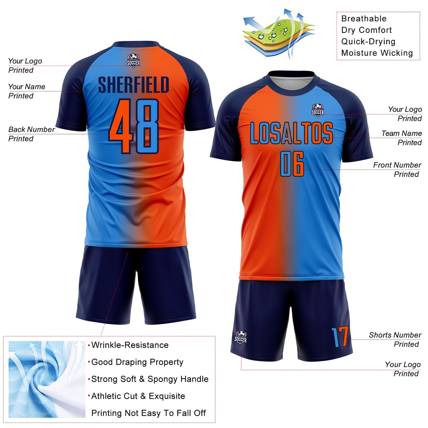 Custom Powder Blue Orange-Navy Sublimation Gradient Fashion Soccer Uniform Jersey view 4