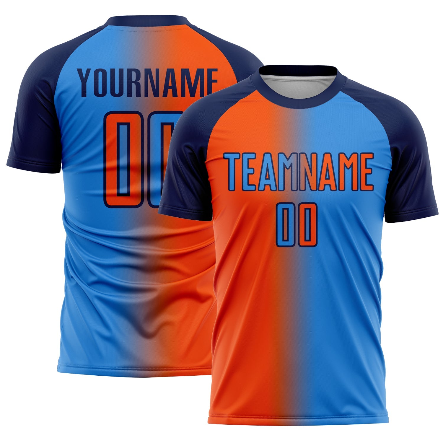 Custom Powder Blue Orange-Navy Sublimation Gradient Fashion Soccer Uniform Jersey - Main View