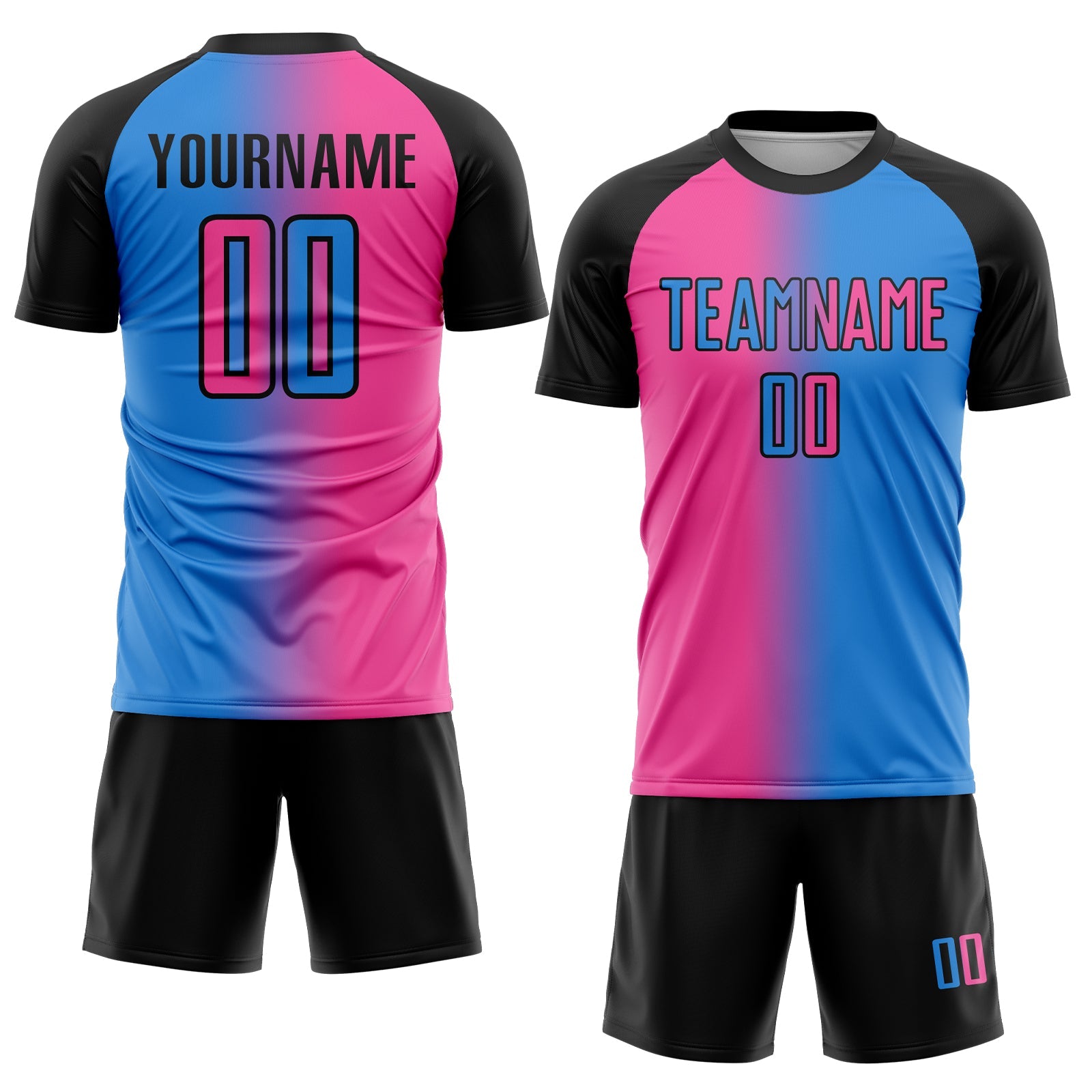 Custom Powder Blue Pink-Black Sublimation Gradient Fashion Soccer Uniform Jersey view 2