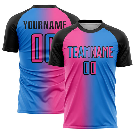 Custom Powder Blue Pink-Black Sublimation Gradient Fashion Soccer Uniform Jersey - Main View
