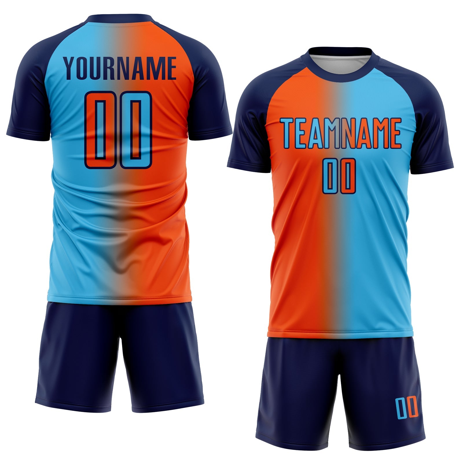 Custom Sky Blue Orange-Navy Sublimation Gradient Fashion Soccer Uniform Jersey view 2