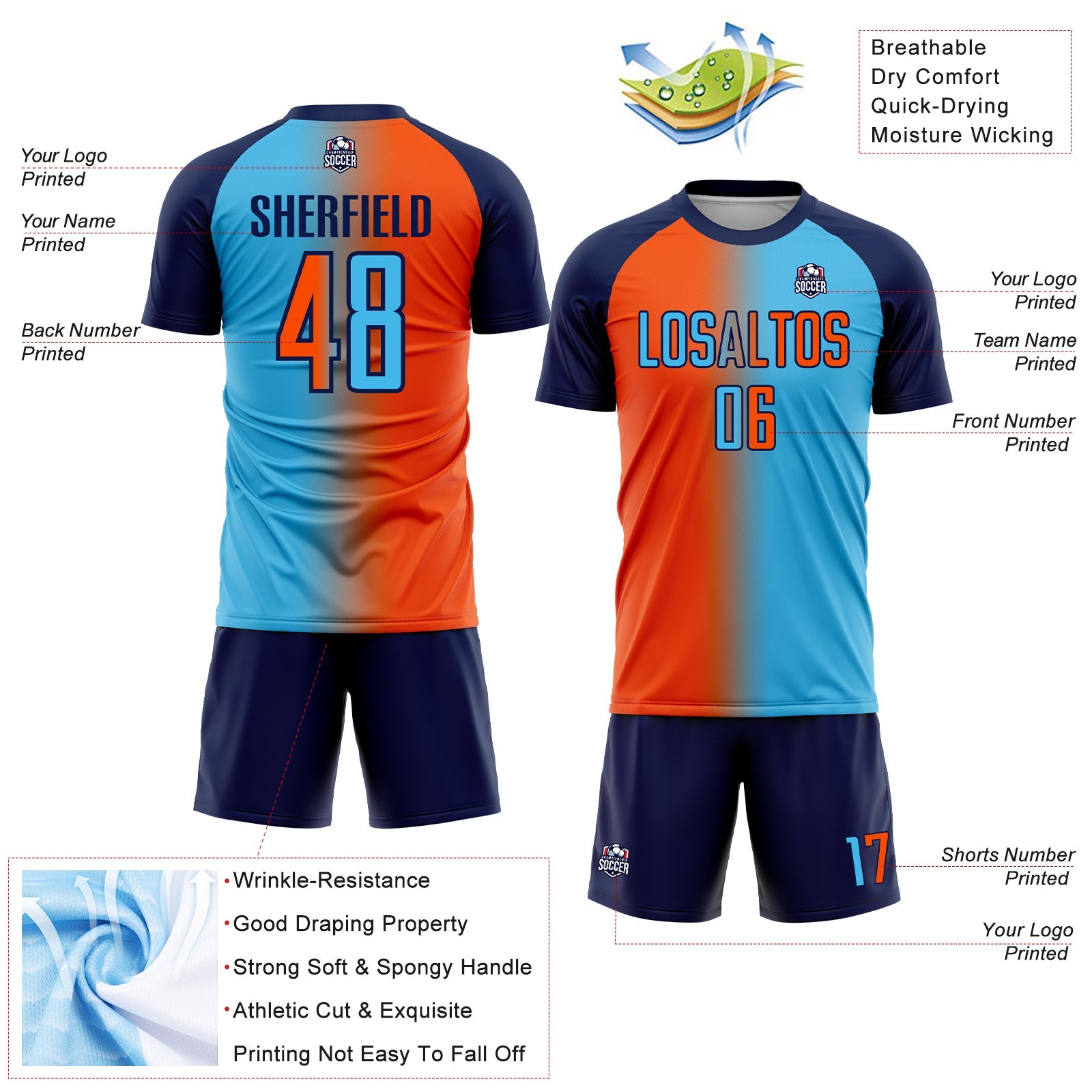 Custom Sky Blue Orange-Navy Sublimation Gradient Fashion Soccer Uniform Jersey view 4