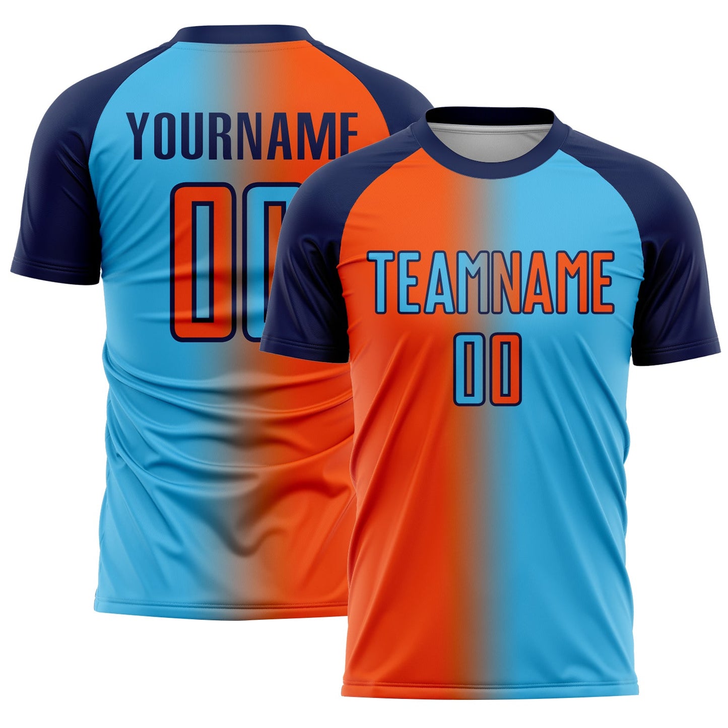 Custom Sky Blue Orange-Navy Sublimation Gradient Fashion Soccer Uniform Jersey - Main View