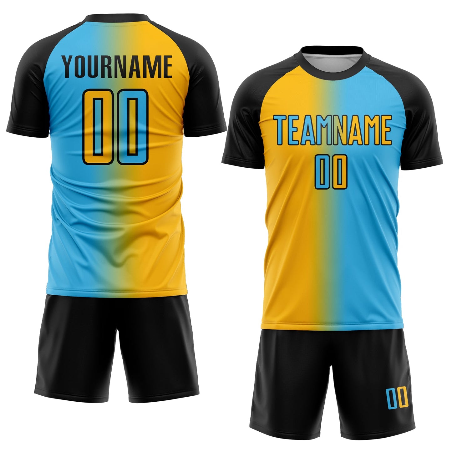 Custom Sky Blue Gold-Black Sublimation Gradient Fashion Soccer Uniform Jersey view 2
