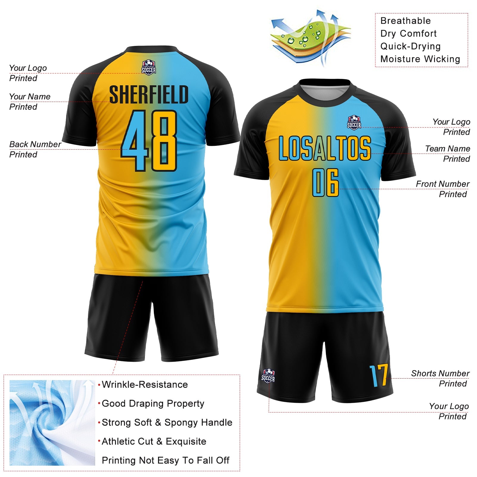Custom Sky Blue Gold-Black Sublimation Gradient Fashion Soccer Uniform Jersey view 4