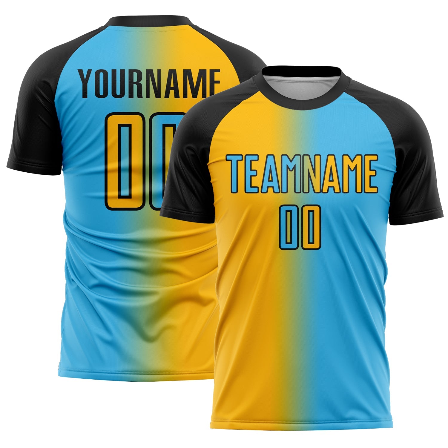 Custom Sky Blue Gold-Black Sublimation Gradient Fashion Soccer Uniform Jersey - Main View