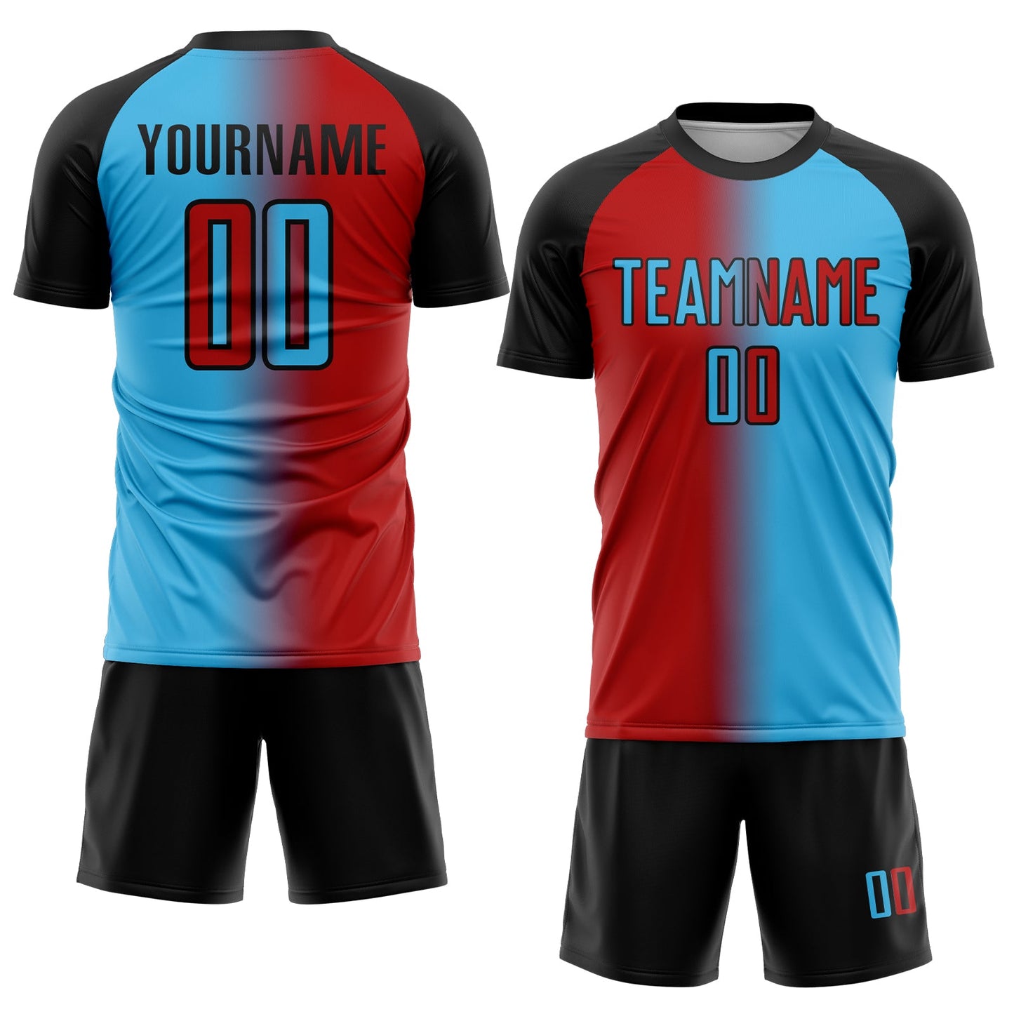 Custom Sky Blue Red-Black Sublimation Gradient Fashion Soccer Uniform Jersey view 2