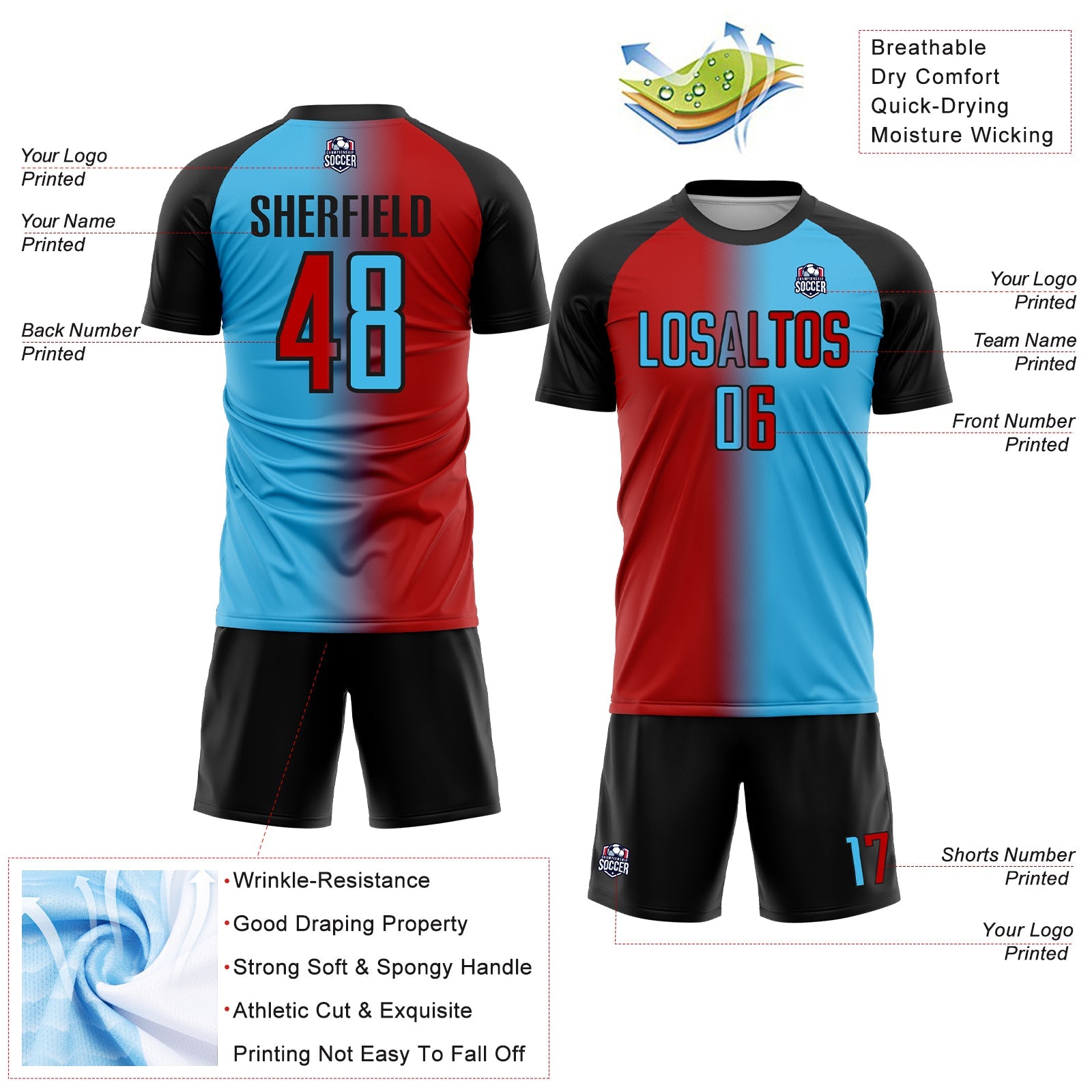 Custom Sky Blue Red-Black Sublimation Gradient Fashion Soccer Uniform Jersey view 4