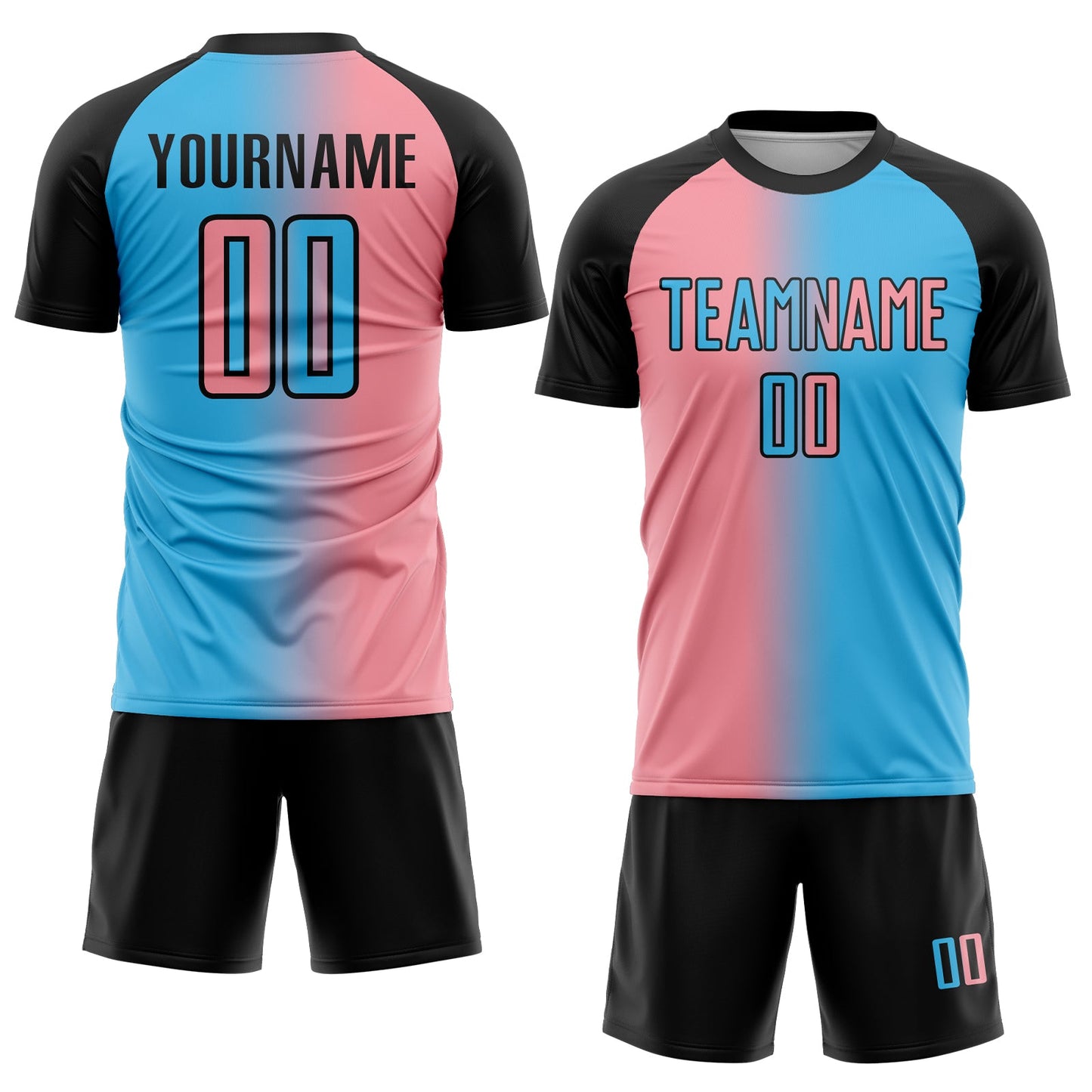 Custom Sky Blue Medium Pink-Black Sublimation Gradient Fashion Soccer Uniform Jersey view 2