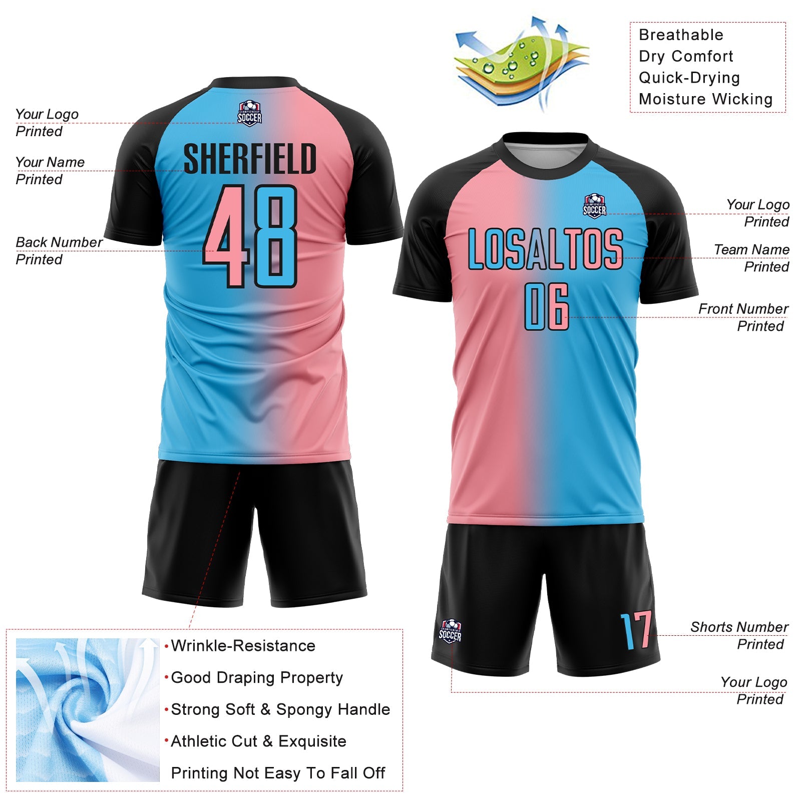 Custom Sky Blue Medium Pink-Black Sublimation Gradient Fashion Soccer Uniform Jersey view 4