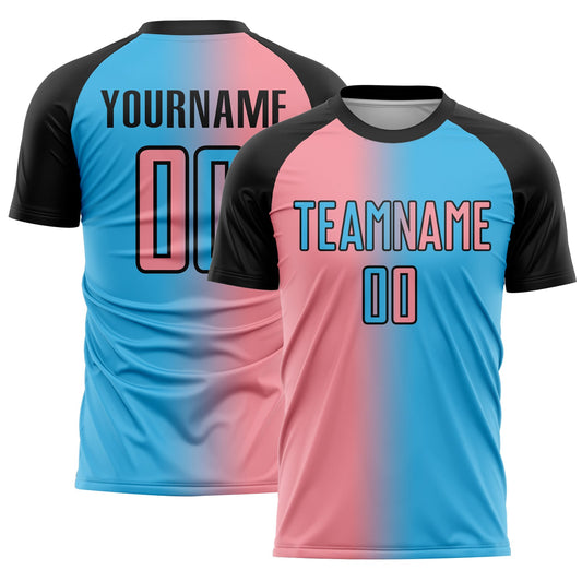 Custom Sky Blue Medium Pink-Black Sublimation Gradient Fashion Soccer Uniform Jersey - Main View
