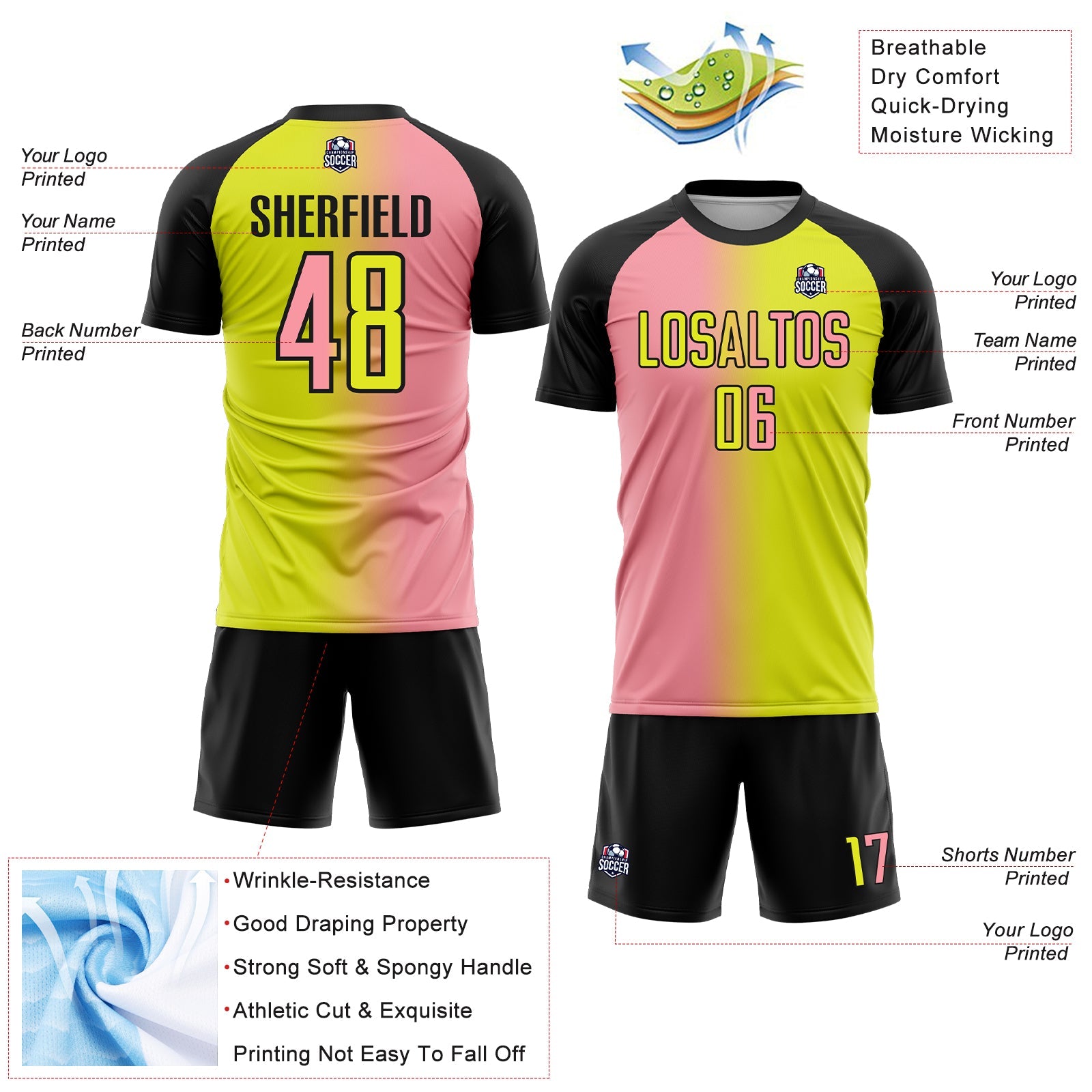 Custom Neon Yellow Medium Pink-Black Sublimation Gradient Fashion Soccer Uniform Jersey view 4