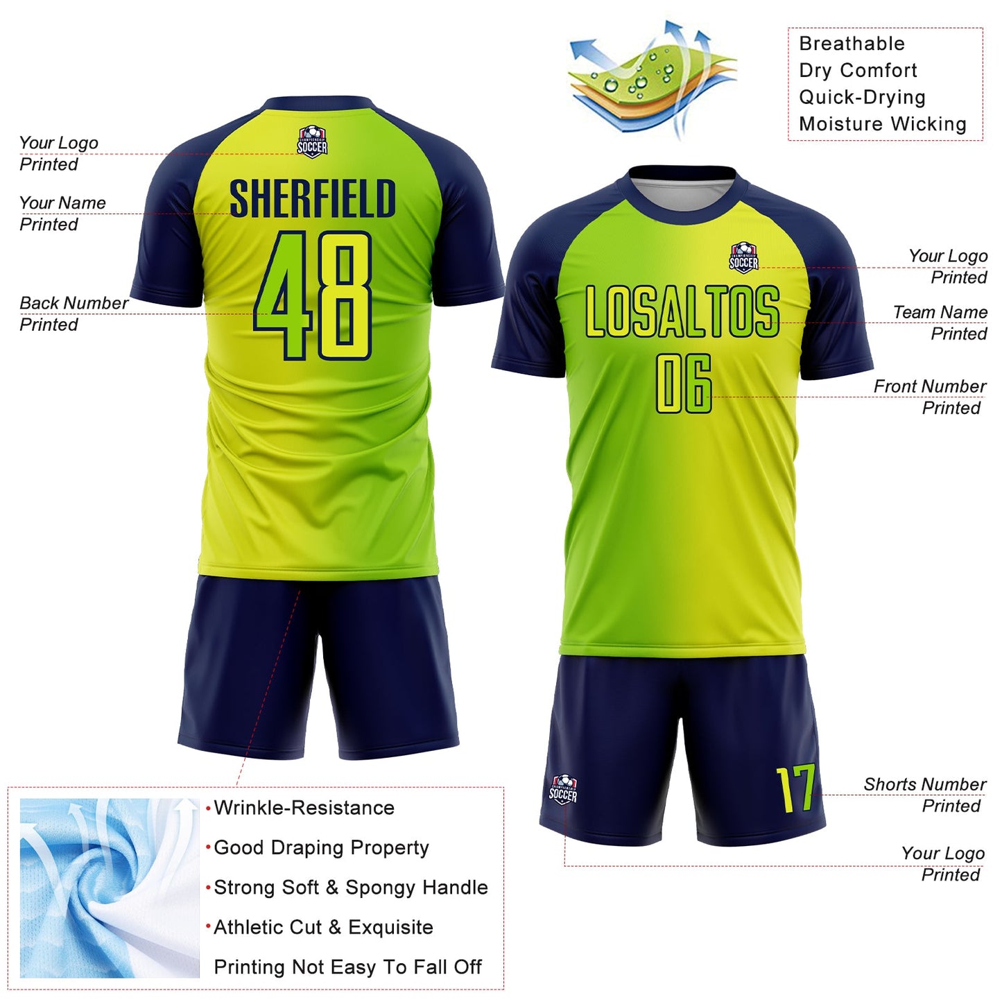 Custom Neon Yellow Neon Green-Navy Sublimation Gradient Fashion Soccer Uniform Jersey view 4