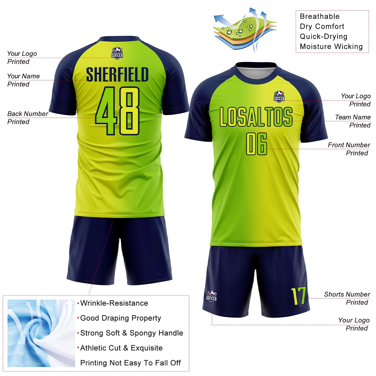 Custom Neon Yellow Neon Green-Navy Sublimation Gradient Fashion Soccer Uniform Jersey view 4