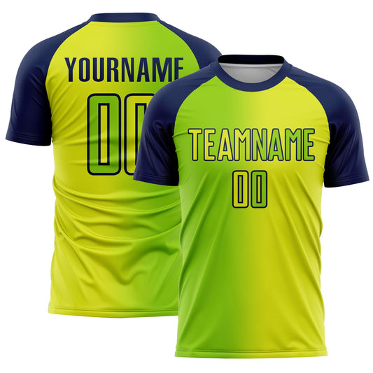 Custom Neon Yellow Neon Green-Navy Sublimation Gradient Fashion Soccer Uniform Jersey - Main View