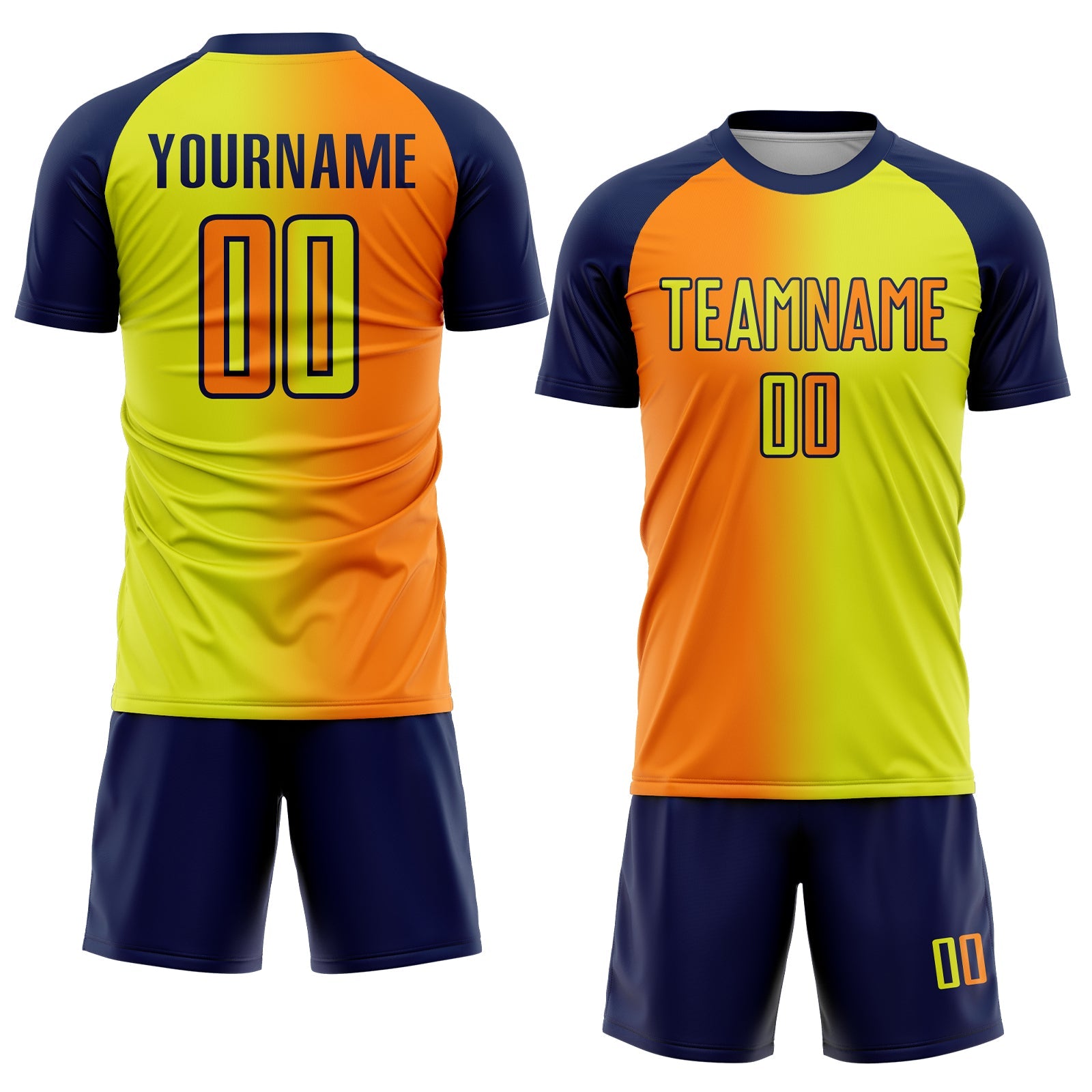 Custom Neon Yellow Bay Orange-Navy Sublimation Gradient Fashion Soccer Uniform Jersey view 2