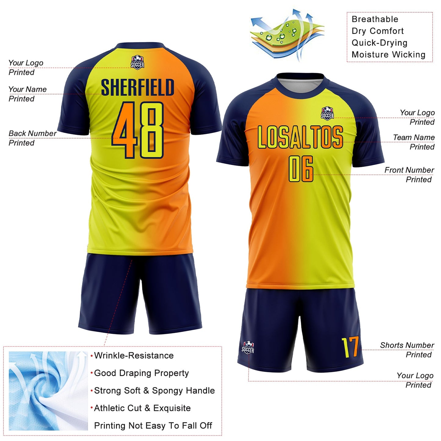 Custom Neon Yellow Bay Orange-Navy Sublimation Gradient Fashion Soccer Uniform Jersey view 4