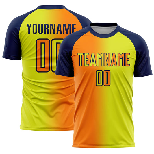 Custom Neon Yellow Bay Orange-Navy Sublimation Gradient Fashion Soccer Uniform Jersey - Main View