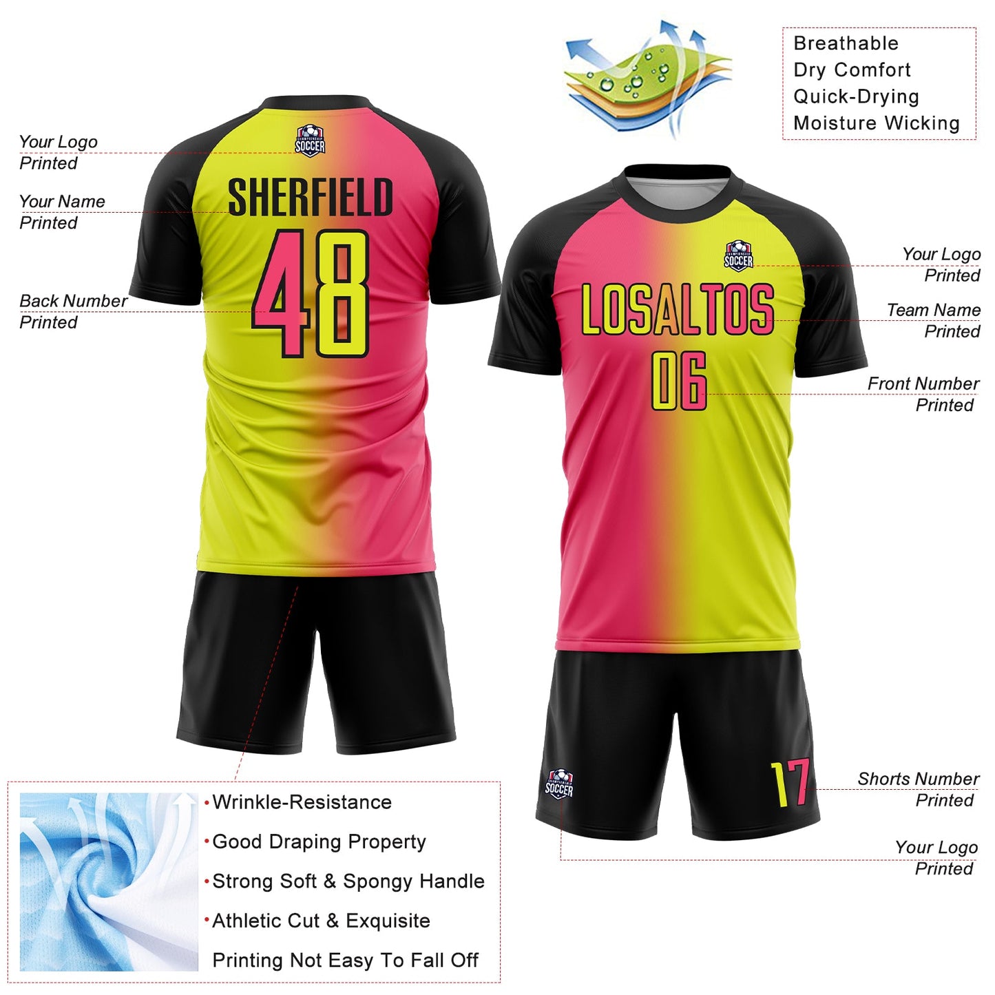 Custom Neon Yellow Neon Pink-Black Sublimation Gradient Fashion Soccer Uniform Jersey view 4