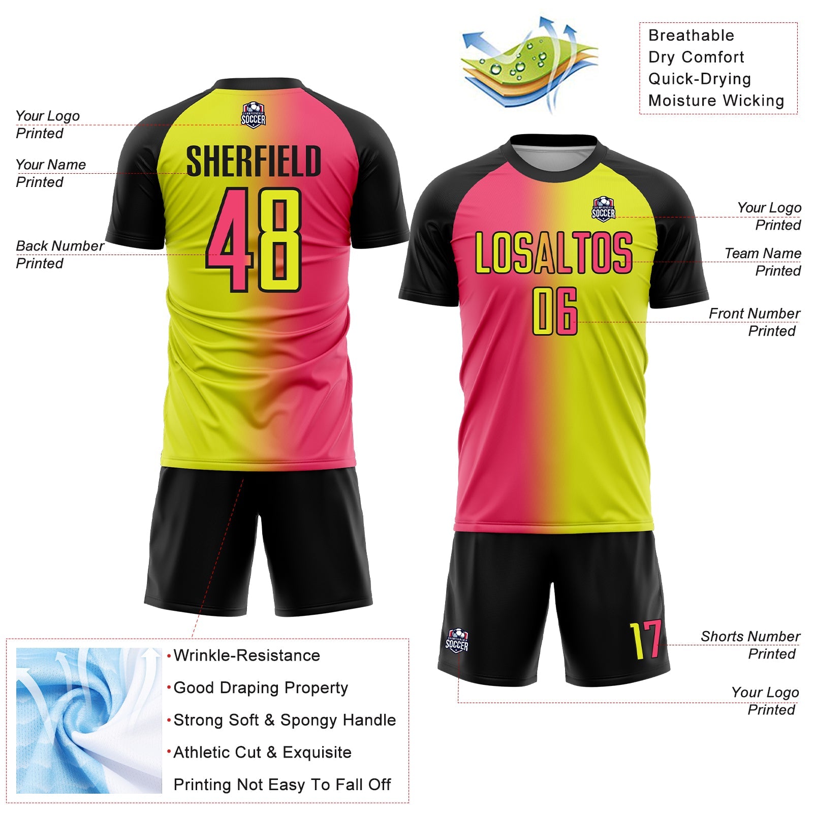Custom Neon Yellow Neon Pink-Black Sublimation Gradient Fashion Soccer Uniform Jersey view 4