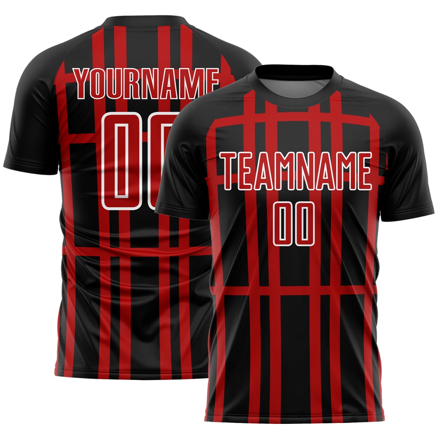 Custom Black Red-White Stripe Line Sublimation Soccer Uniform Jersey - Main View