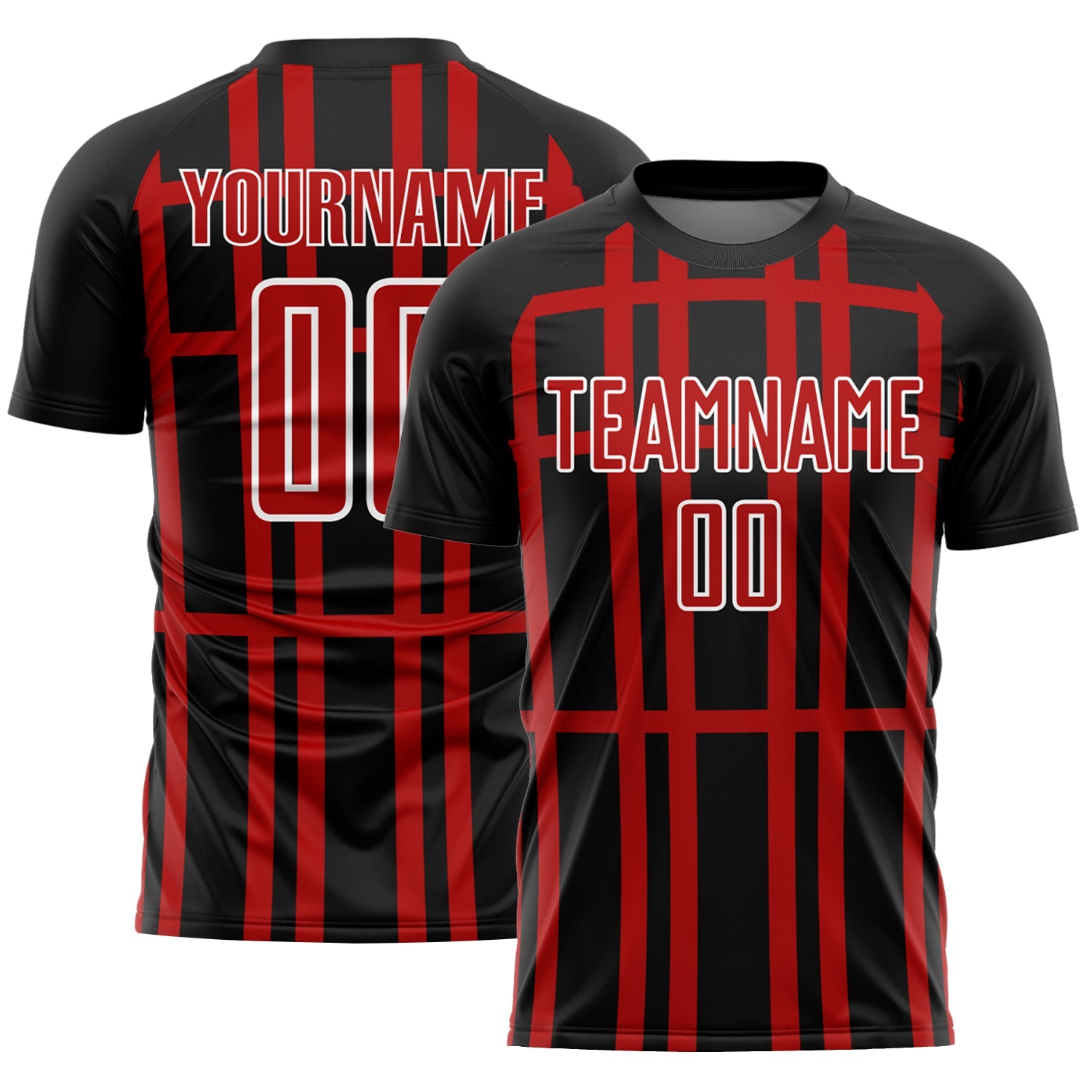 Custom Black Red-White Stripe Line Sublimation Soccer Uniform Jersey - Main View