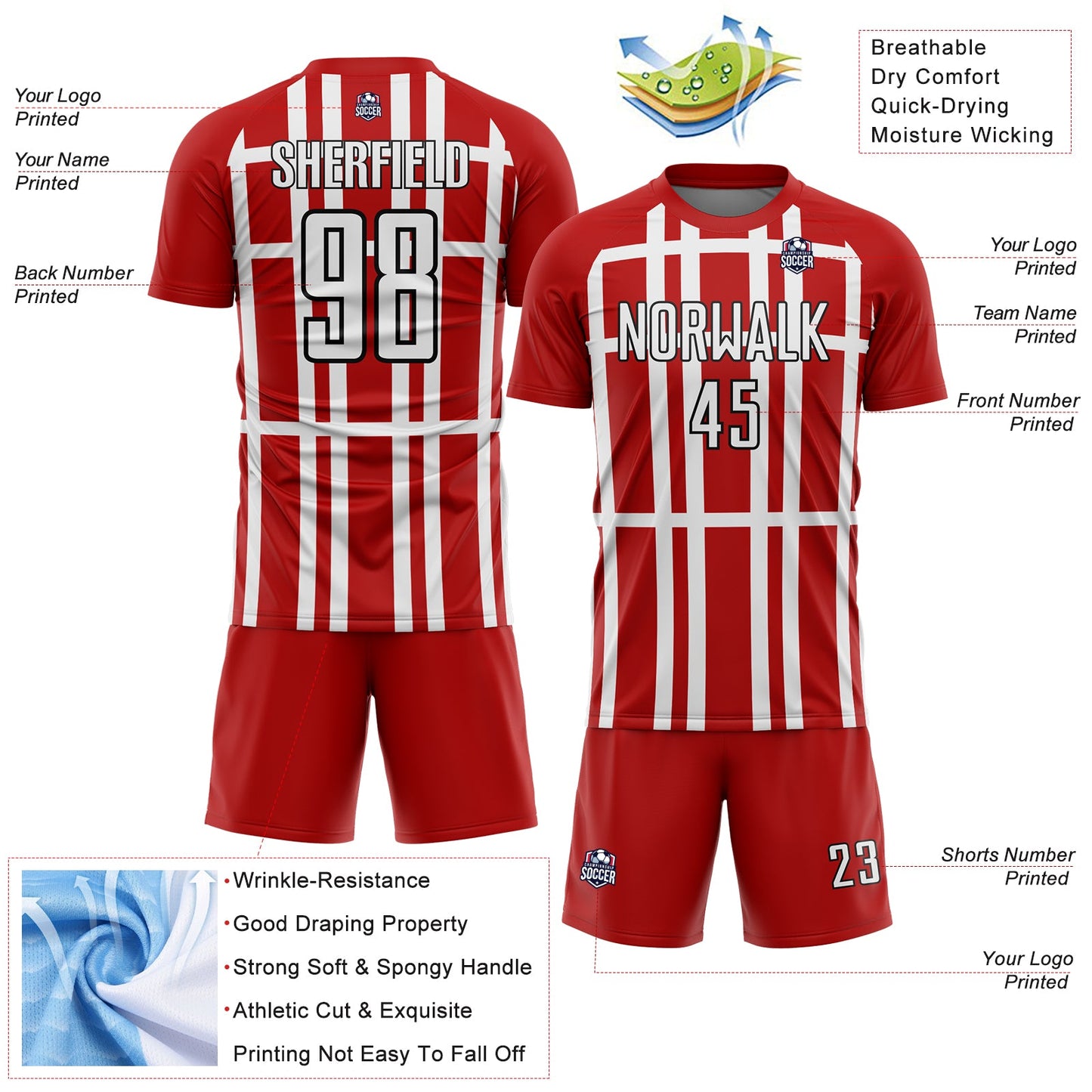 Custom Red White-Black Stripe Line Sublimation Soccer Uniform Jersey view 4