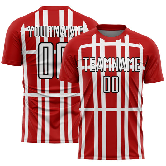 Custom Red White-Black Stripe Line Sublimation Soccer Uniform Jersey - Main View