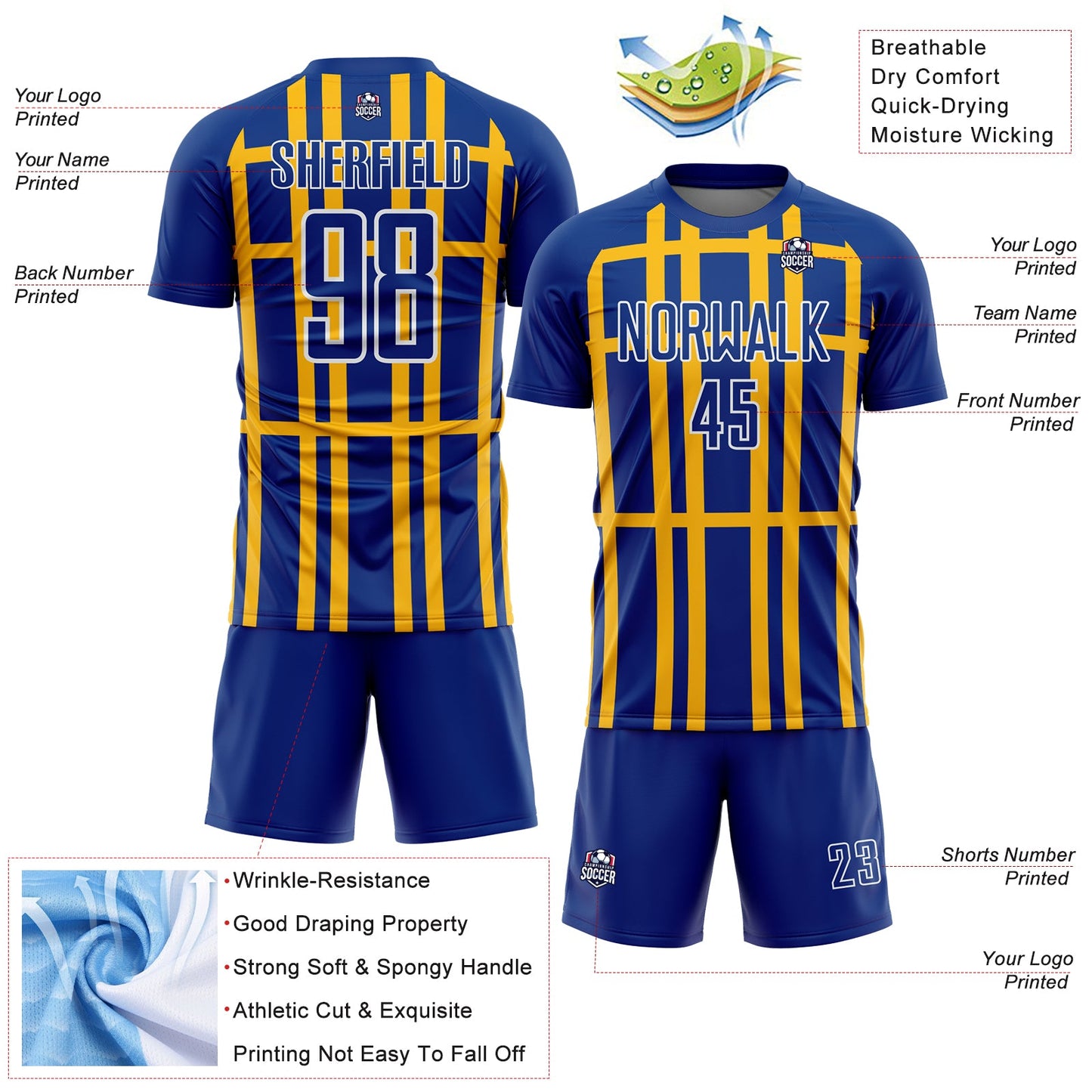 Custom Royal Gold-White Stripe Line Sublimation Soccer Uniform Jersey view 4