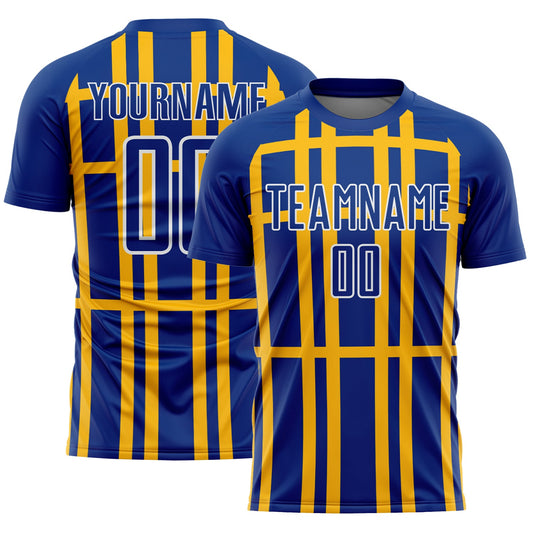 Custom Royal Gold-White Stripe Line Sublimation Soccer Uniform Jersey - Main View