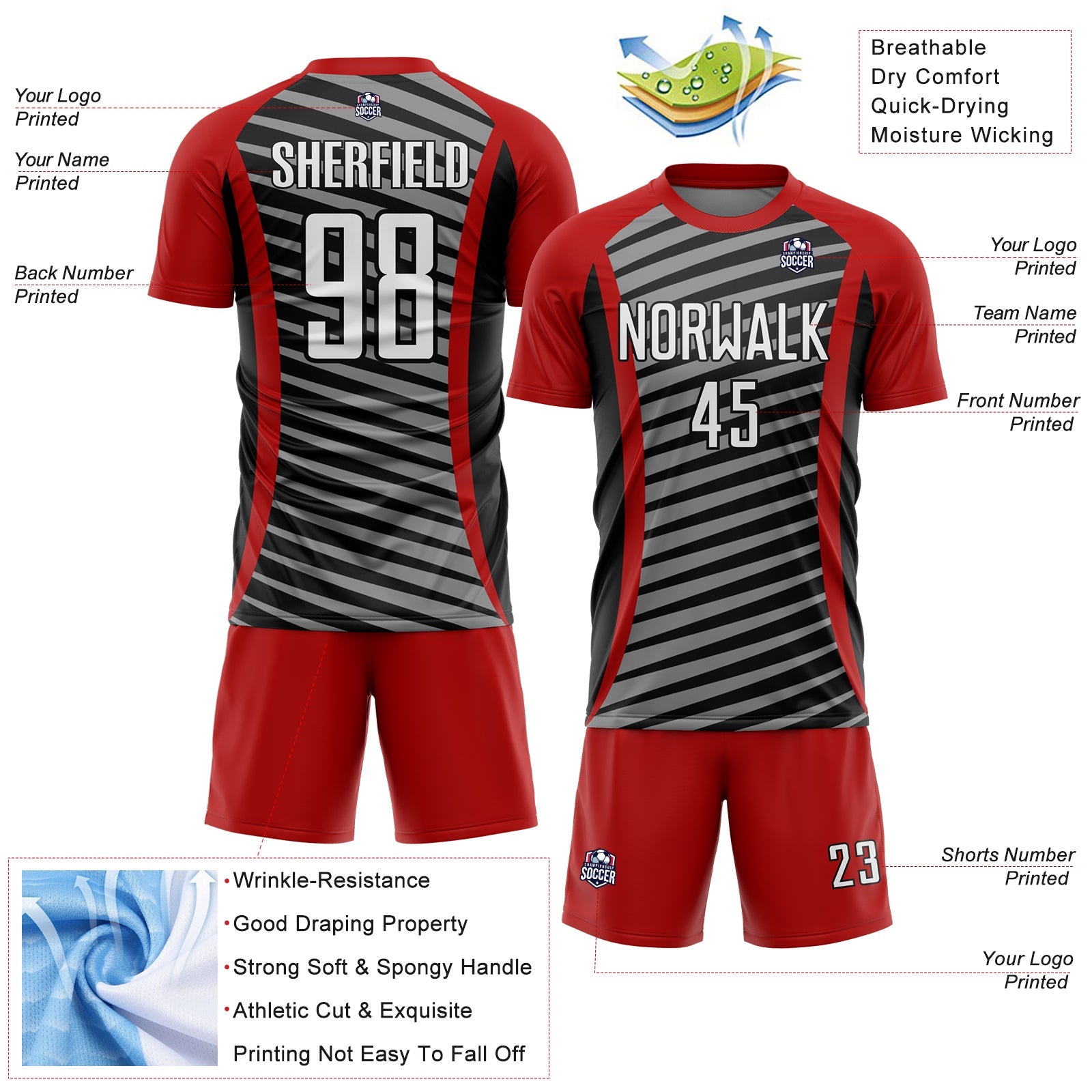 Custom Red White-Black Stripe Line Sublimation Soccer Uniform Jersey view 4
