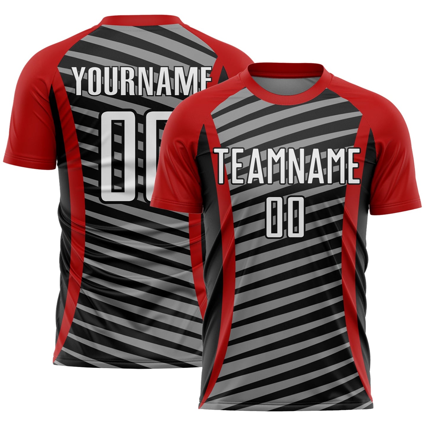Custom Red White-Black Stripe Line Sublimation Soccer Uniform Jersey - Main View