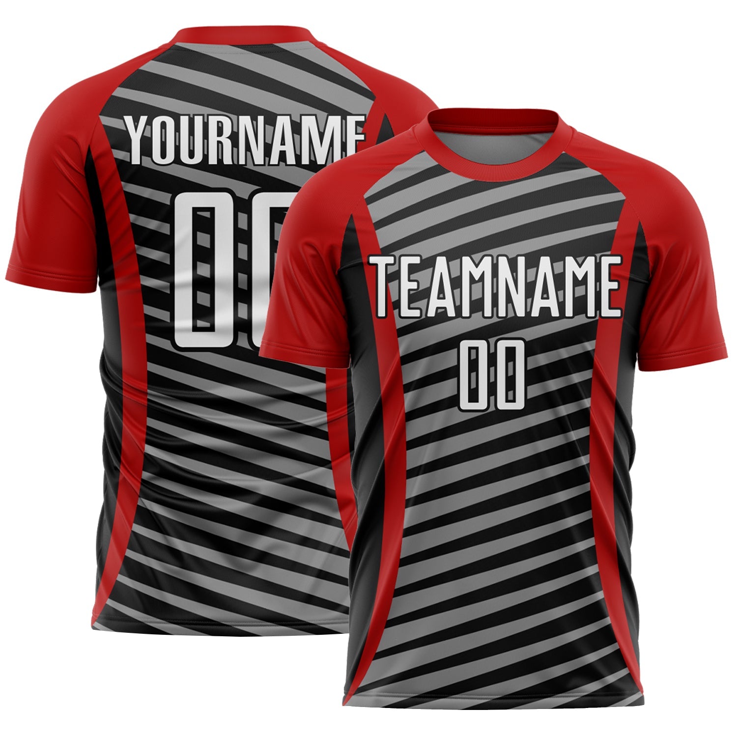 Custom Red White-Black Stripe Line Sublimation Soccer Uniform Jersey - Main View