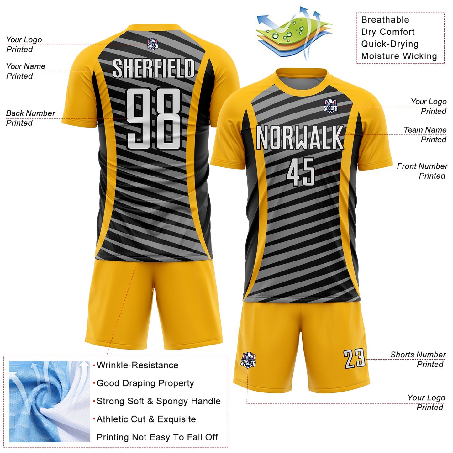 Custom Gold White-Black Stripe Line Sublimation Soccer Uniform Jersey view 4