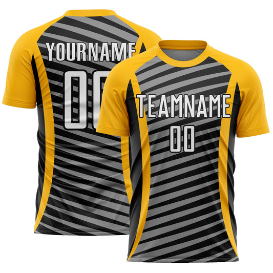 Custom Gold White-Black Stripe Line Sublimation Soccer Uniform Jersey - Main View