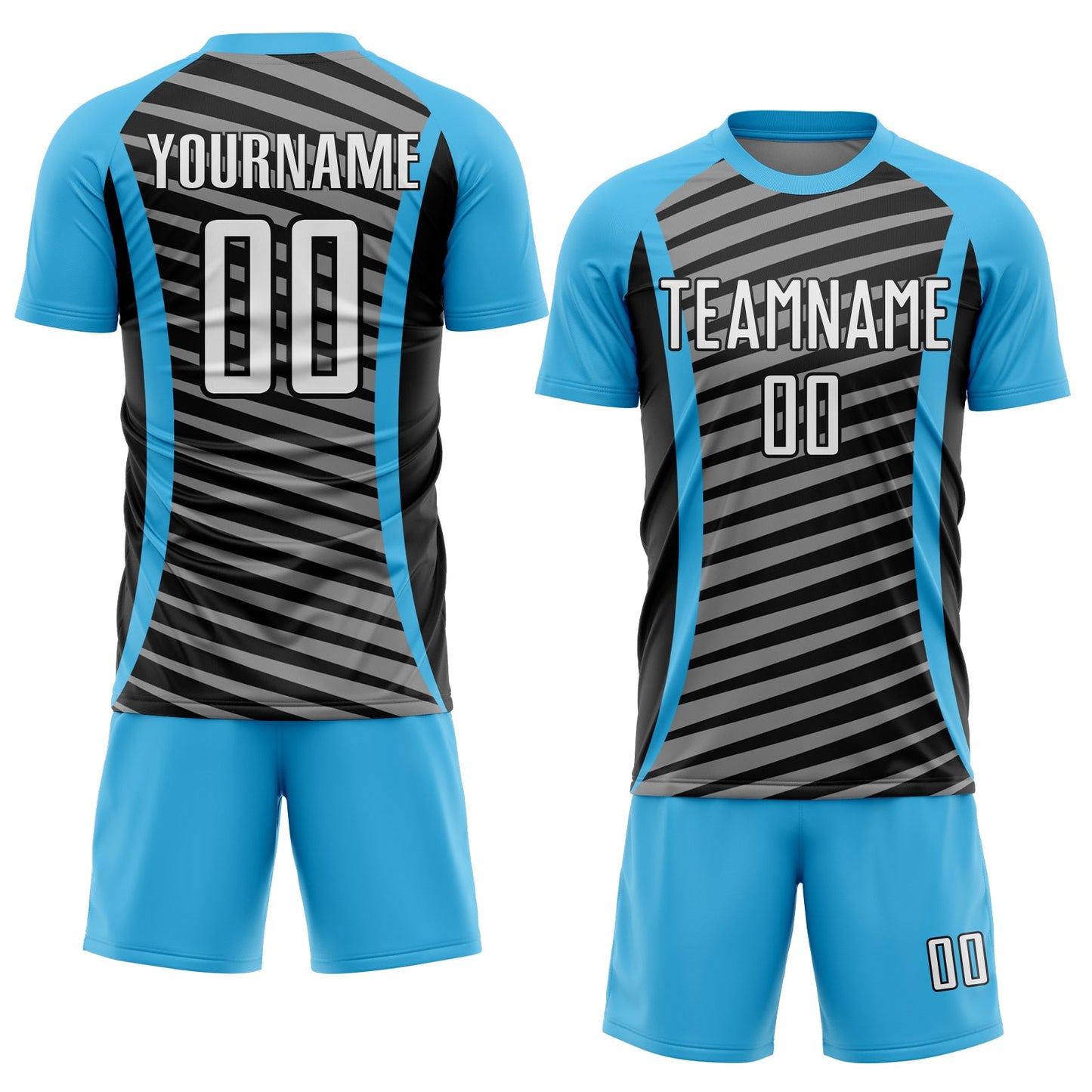Custom Sky Blue White-Black Stripe Line Sublimation Soccer Uniform Jersey view 2