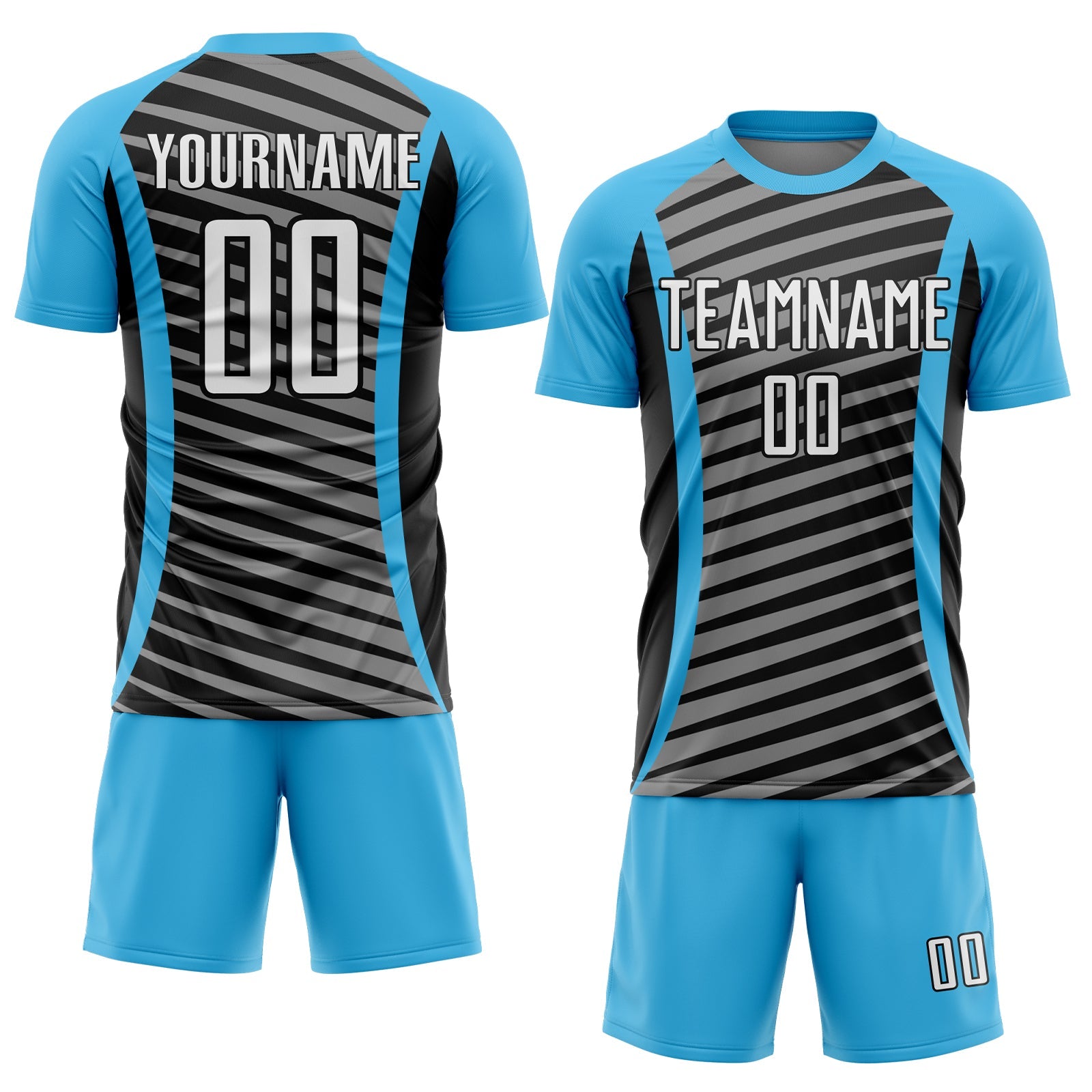 Custom Sky Blue White-Black Stripe Line Sublimation Soccer Uniform Jersey view 2