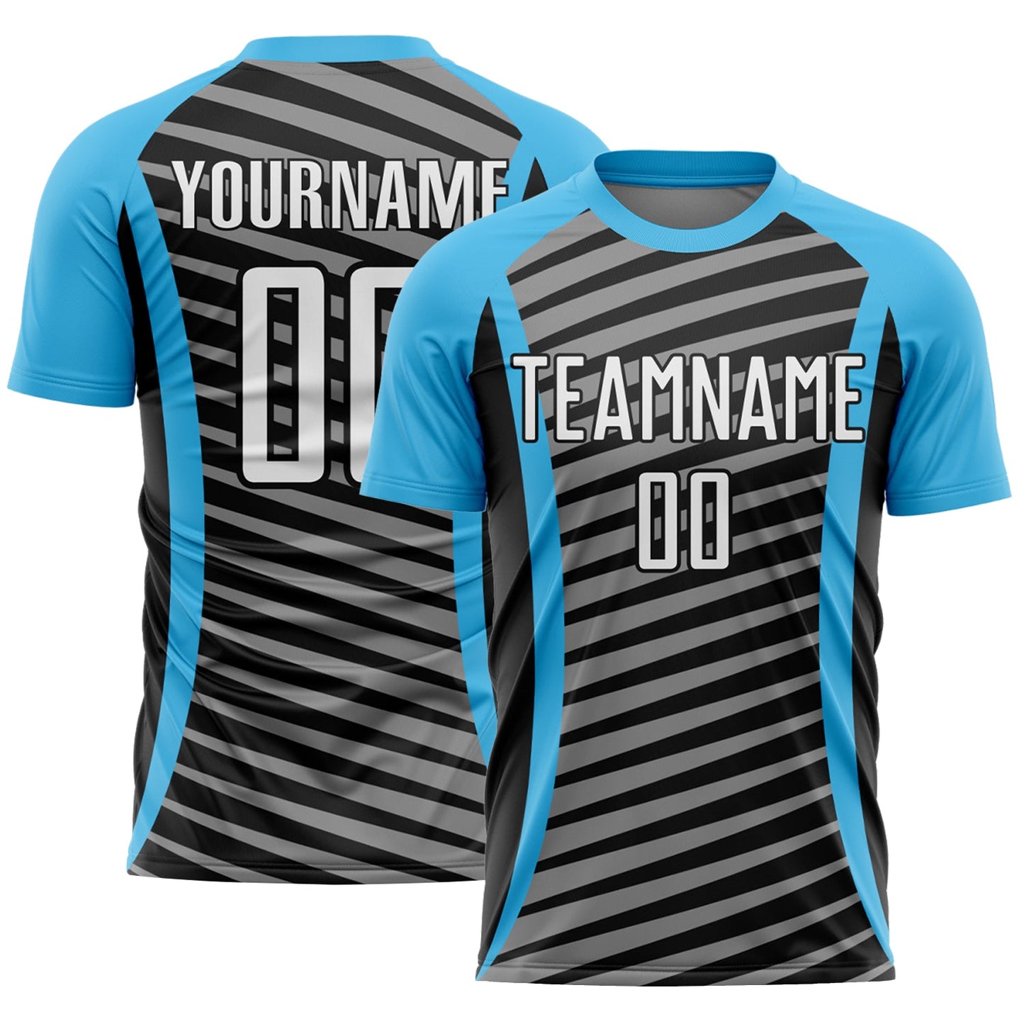 Custom Sky Blue White-Black Stripe Line Sublimation Soccer Uniform Jersey - Main View