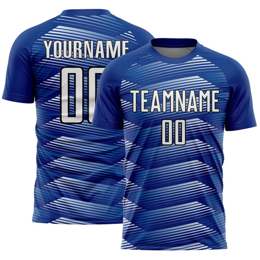 Custom Royal White-Black Stripe Line Sublimation Soccer Uniform Jersey - Main View