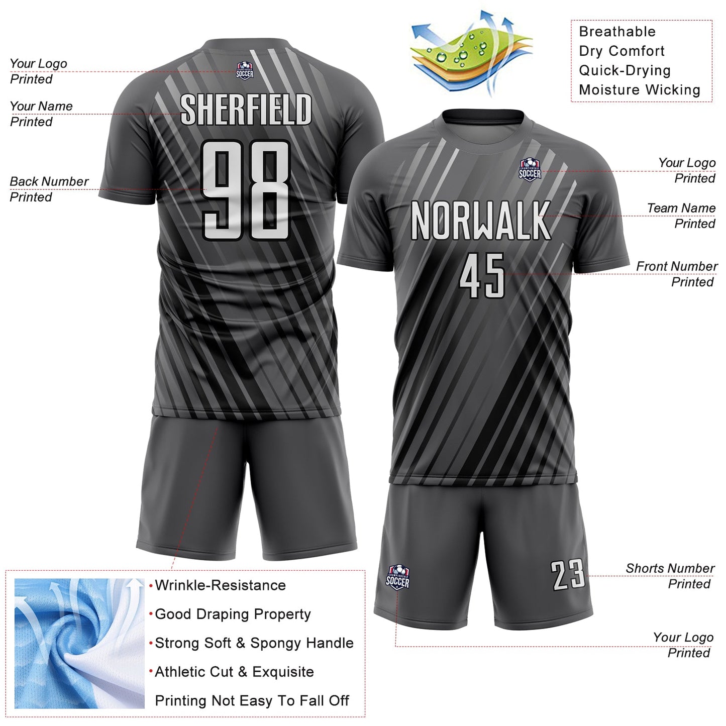 Custom Steel Gray White-Black Stripe Line Sublimation Soccer Uniform Jersey view 4