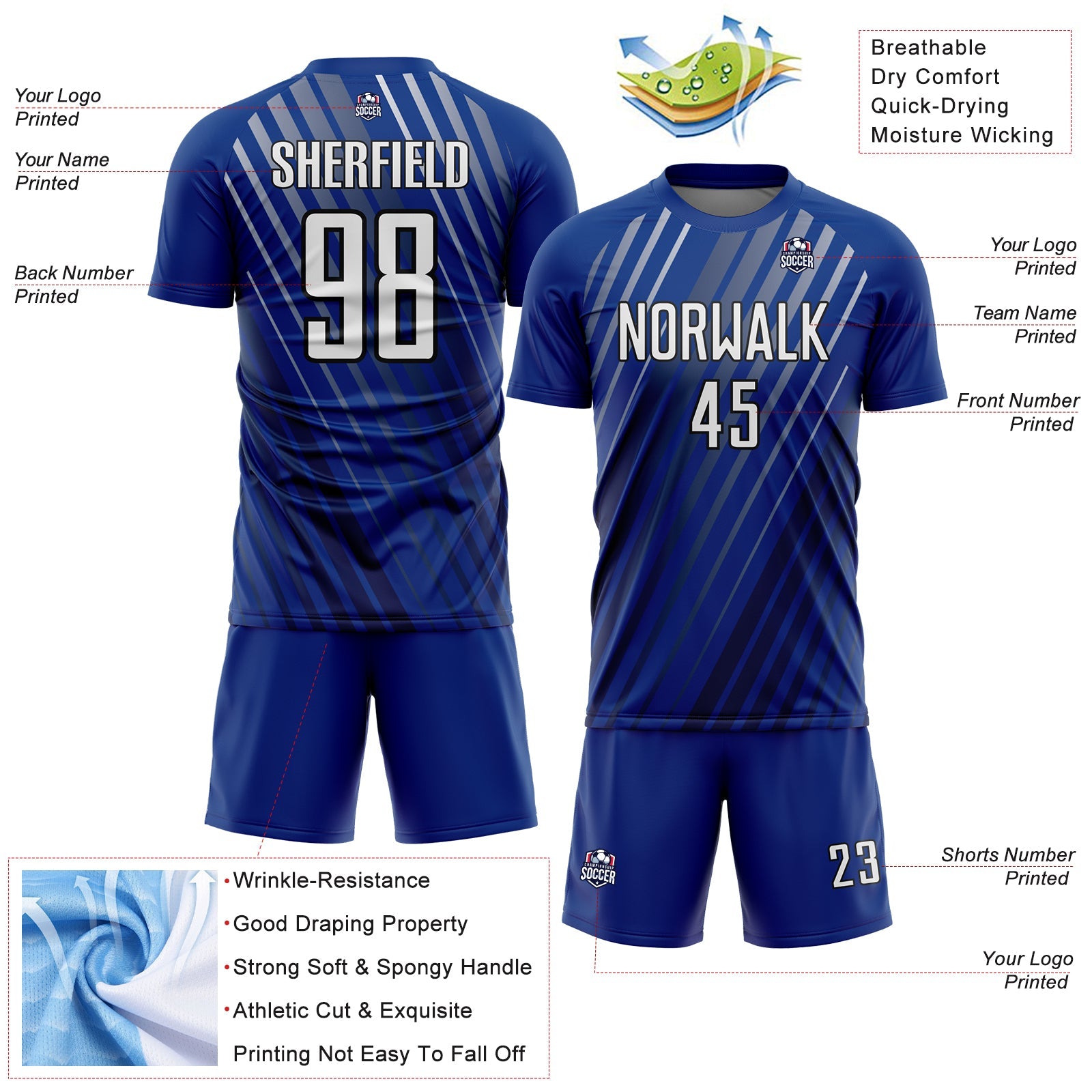 Custom Royal White-Black Stripe Line Sublimation Soccer Uniform Jersey view 4